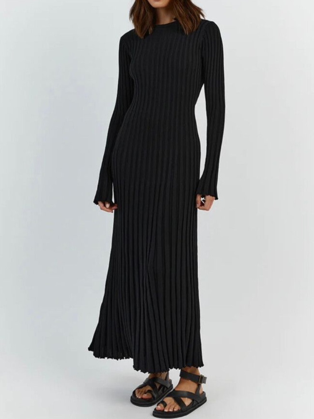 DISSH Ada Midi in Black Long Sleeve Stretch Ribbed Knit Stretch Dress XXL